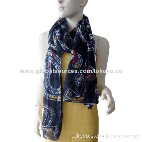 Indigo polyester scarf with screen printing, large pattern, size of 180*70cm overlocked